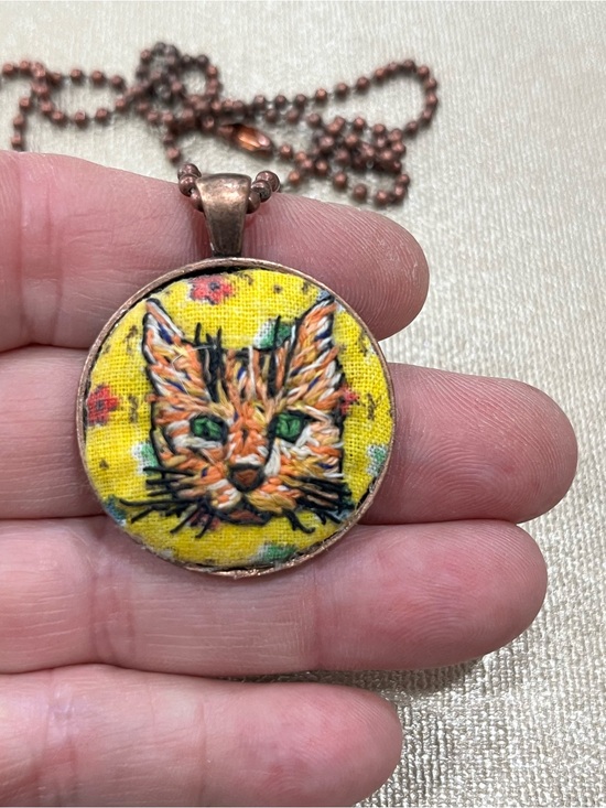 Hand Crafted Jewelry - Hand embroidered ginger cat head handmade pendant and necklace
